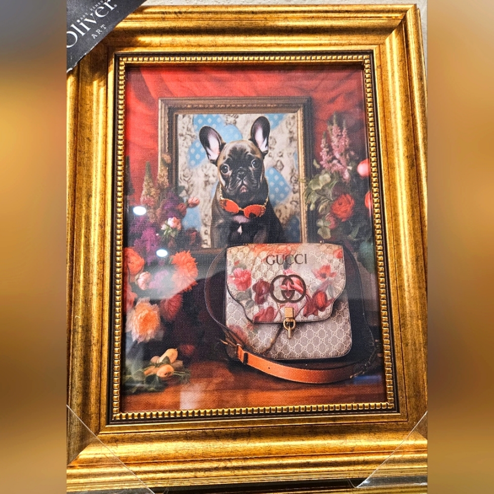 Price Drop!- Art by Oliver Frenchie bulldog  Gucci Purse with a gold frame.